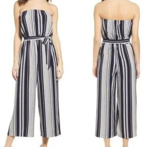 Socialite Strapless Wide Leg Cropped Jumpsuit Blue and White Striped Size Medium